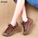 Platform Sneakers Women Shoes 2023 New Autumn Genuine Leather Mixed Colors Lace-Up Handmade Concise Ladies