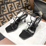 Women Shoes One Word Strap Sandals 2023 Summer New Square Head Fashion Stiletto Leather Elegant Gold High Heel