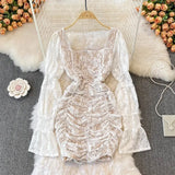 Spring Sexy Floral Lace Mini Party Dress Women Sweet Square Collar Hollow Out Flare Sleeve Empire Ruched Bodycon Club