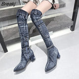 Spring Autumn Casual Denim Boot Women Thigh High Boots 6CM Chunky High Heel Over the Knee Boots Pocket zipper Botas