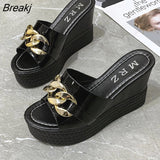Chain High Heels Slippers Women's Wedding Shoes Summer 2023 New Casual White Black Wedges Slides Ladies Beach