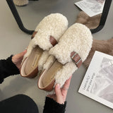 Women's Winter Plush Flat Shoes Outdoor Fashion Round Toe Warm Plush Loafers 2024 New Comfy Curly Sheep Fur Woman Cotton