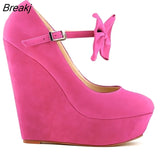 Flock Wedges Women Pumps High Heels Platform Ladies Bow Pump Fashion Round Toe Mary Janes Party Wedding