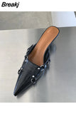 High-Heeled Shoes Lady Woman's Slippers Slides Pointed Toe Low 2023 Cover Rome Basic PU Fabric Scandals Hoof Cover Toe