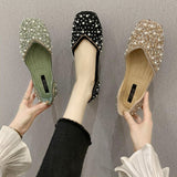 Crystal Pearl Studs Ballet Shoes Women Square Toe Slip on Loafers Cozy Shallow Cut-out Ballerina Flats Moccasins