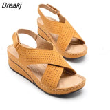 Women Sandals New Summer Shoes Woman Ladies Sewing Hollow Out Wedges Female Casual Pu Leather Comfortable Retro