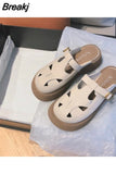 Heels Shoes Woman 2023 Slippers Flat Cover Toe Low Platform Pantofle New Retro PU Fabric Basic Rome Rubber
