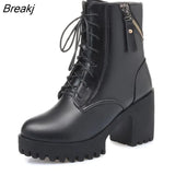 Women's Ankle 2023 New Genuine Leather Natural Wool Warm Winter Winter Chunky Heel Thick Bottom Platform Round Head Lace-up