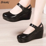 2023 Spring Fashion Round Toe Wedge Pumps Women Shoes Mary Jane Shoes Thick Bottom Leather Shoes Platform Pumps Size