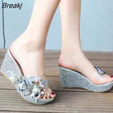 Summer New Wedges Sandals Women Sexy Crystal Transparent High Heels PVC Slippers String Bead Slippers Fashion Gold