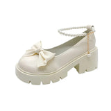 mary jane Shoes heels Fashion Round Head Band Heel Shoes Bow Pearl Square Heel Low-top Pumps Women Shoes Tacones