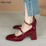 High Heels Mary Jane Shoes for Women Spring 2023 Fashion Double Buckle Strap Pumps Women Black Patent Leather Shoes