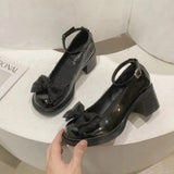 New Mary Jane Fashion Bow Buckle Women Shoes High Heels Chunky Dress Pumps Designer Goth Shallow Ladies Zapatillas