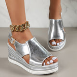 Silver PU Leather Wedge Sandals for Women 2023 Summer Peep Toe Platform Sandles Woman Plus Size Thick Sole Sandalias