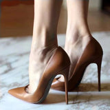 Solid Khaki Brown Matte Women Pointed Toe Stiletto High Heels Slip On OL Dress Shoes Elegant Ladies Formal