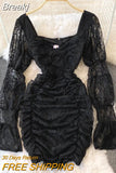 Spring Sexy Floral Lace Mini Party Dress Women Sweet Square Collar Hollow Out Flare Sleeve Empire Ruched Bodycon Club
