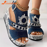 For Dropship 2023 New Summer Elegant Wedge Slide Sandals For Women Denim Single Band Flatform Sandals Beach