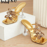 Size 35-42 Strange Transparent Heels Slippers Women High Quality Crystal Bowknot Summer Sandals Open Toe Mules Slides