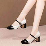 Leather Middle Heel Women Shoes Square Buckle Thick Heel Females Shoes Fashion Leisure Spring Ladies Dress Pumps Size