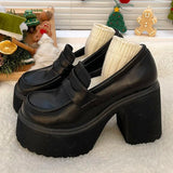 Chunky High Heels Pumps for Women 2024 Spring Patent Leather Platform Loafers Woman Black Thick Heeled Jk Lolita