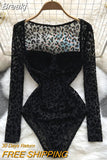 See Through Mesh Bodysuit for Women Black Square Collar Long Sleeve Skinny Velvet Body Tops Club Party