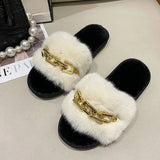 Fur Slippers 2024 New Fashion Chain Design Women Home Slippers Winter Indoor Open Toe Flat Non-slip Leisure Female