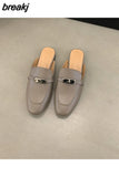 Women Flat Slippers New Fashion Metal Chain Close Toe Mule Shoes Slip On Casual Loafers Brand Slides Flip Flops Zapatos De