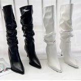 Women's Shoes 2023 High Quality Slip-on Women's Boots Fashion Pleated Office and Career Sexy Pointed Toe Knee-High Boots