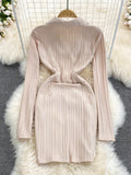 Women Dress 2023 New Spring Fashion Solid Turn down Collar Long Sleeve Twist Front Empire Folded Mini Party Bodycon Dress