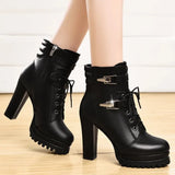 Women Autumn Ankle Boots Sexy High Heels Platform Boots Round Toe Leather Booties Black Shoes Ladies Party Shoes Botas De