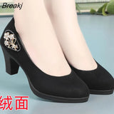 Women's Summer Shoes Rhinestones Cute European Stylish Round Toe Black Pu Leather Square Heel Pumps Lady Casual Wine Red