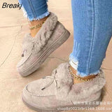 Women Fur Shoes Fashion Bowknot Fluffy Slip-on Snow Boots Autumn Casual Warm Suede Plush Ladies Flat Platform