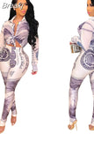 Retro Prints Long Pants Set Fashion New Street Casual Style Two Piece Sets Long Sleeve Top Elastic Skinny Pants
