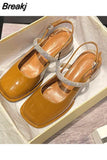 Womens Shoes 2023 Beige Heeled Sandals Square Toe Med Mary Jane Buckle Strap Luxury Comfort Black High Rhinestone