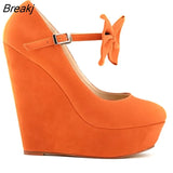 Flock Wedges Women Pumps High Heels Platform Ladies Bow Pump Fashion Round Toe Mary Janes Party Wedding