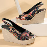 Style Print Wedge Sandals for Women Peep Toe Chunky Platform Shoes Woman Summer Thick Bottom Gladiator Sandalias