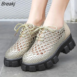 New Genuine Leather Women Shoes Spring/summer Hollow Breathable Flat Platform Shoes Woven Hole Handmade Shoes