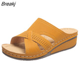 Summer Shoes Woman Outer Wear Non-slip Plus Size Wedge Retro Breathable Hollow Women Slippers Beach Ladies