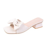 Plus Size 42 Green Bowknot Slippers Women Comfortable Low Heels Square Toe Slides Woman 2023 Summer Square Heels