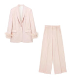 Sleeve Blazer Pant Sets Women Fashion Single Button Jacket Zipper Trousers Autumn Winter Office Outfits Outwear
