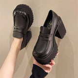 heels loafers Women Shoes Black Chunky Heel Pumps Leather Lolita Style Platform Cover Heel Slip-On Sexy Shoes Lady