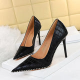 Breakj Retro Stone Grain High Heels Women's Shoes Heel High Heel Shallow Pointed Metal Beads Rivet Women's Singles