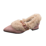Winter New Women Pointed Toe Rivet Thick Heels Loafer Retro British Style Warm Casual Slip on Chunky Footware Women