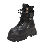 Chunky Platform Ankle Boots Women Black White Thick Bottom Motorcycle Boots Woman Autumn Winter Lace Up Short Booties