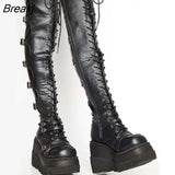 Women Boots Design Female Platform Thigh High Boots Fashion Buckle Punk High Heels Boots Women Cosplay Wedges Shoes