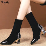 Short Boots Woman Mid Calf Boot Elastic Fabric Rhinestone Square Heel Women's Winter Shoes Black Female