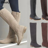 High Flat Boots Women PU Leather Suede Matte Boots Slip On Zapatos De Mujer Solid Riding Winter Shoes