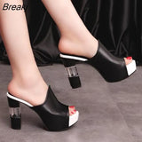 Leather Sole Slippers Women Sexy High Thick Heel 12cm Mules Black Red White Peep Toe Platform PU Sandals Shoes