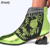 Casual Shoes Ethnic Women's Shoes Embroidered Thick Heel Round Head Middle Heel Retro Versatile Short