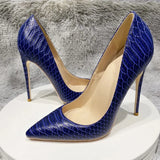 Navy Blue Crocodile Effect Pattern Women Sext Pointy Toe High Heel Shoes Chic Ladies Slip On Stiletto Pumps Size
